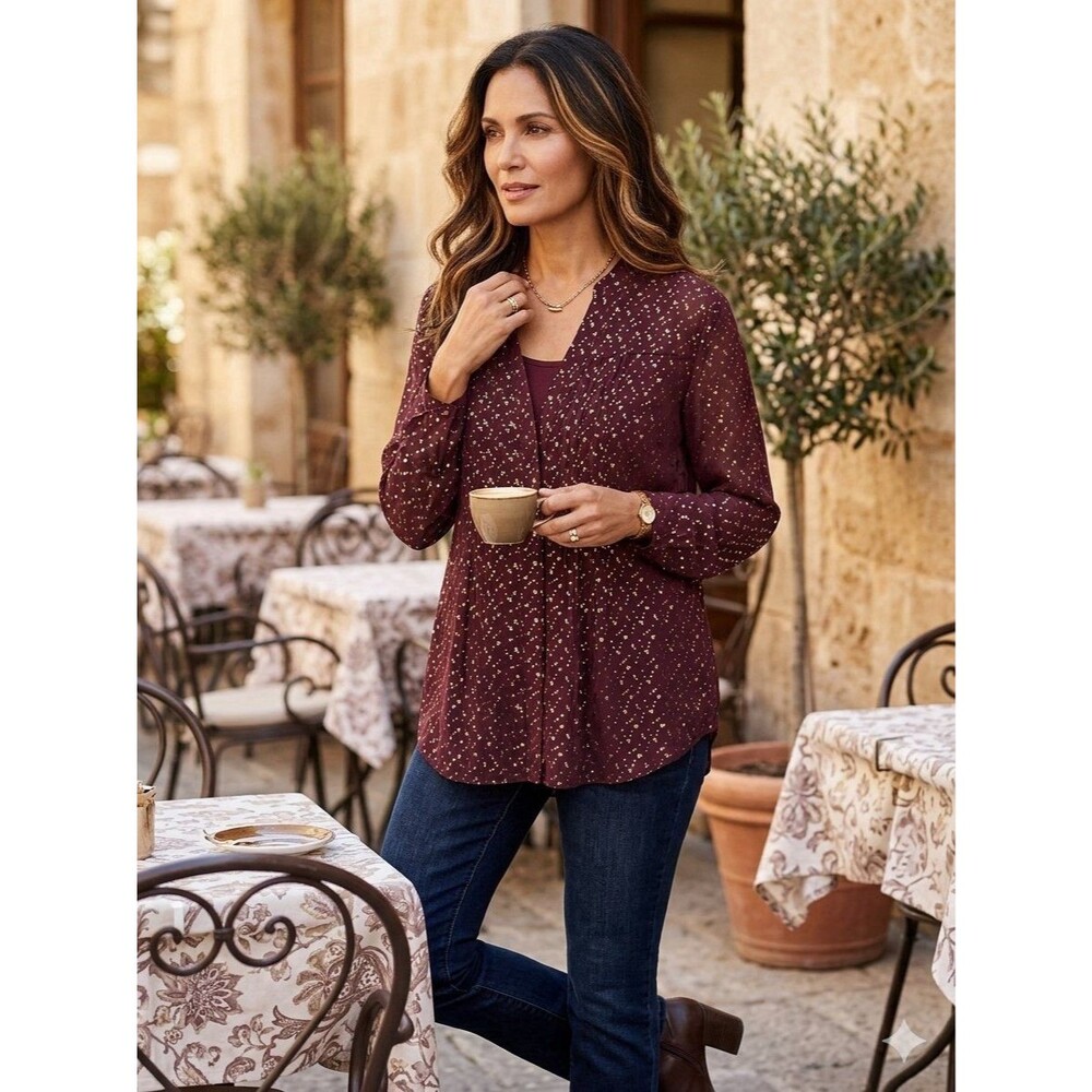 NWT Chico’s Sz 3 Sheer Deep Raisin Gold Metallic Ruffle Neck Blouse Formal Party